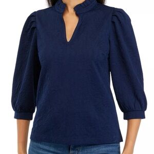 Crown & Ivy - Navy Women's Blouse with Puffed Sleeves